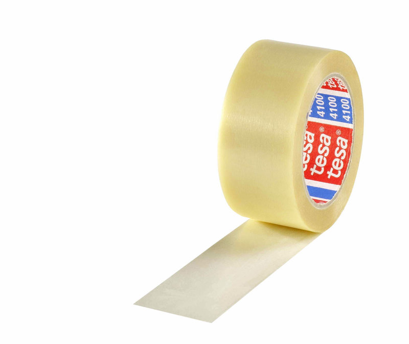 PVC-Packband, geprägt, 50mm breitx66lfm, 65µ, transparent, leise, tesa 4100, Naturkautschukkleber