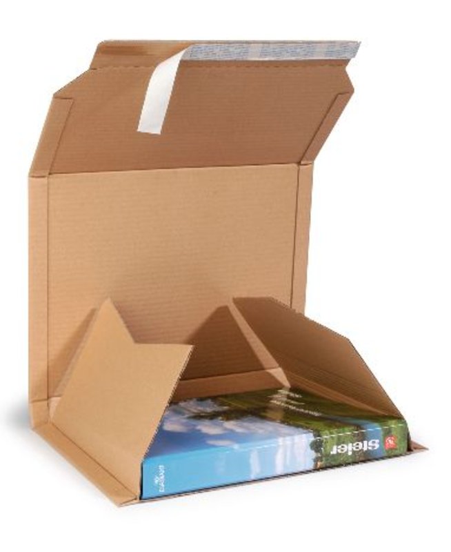 Ordner-Versandbox, 320x290x35-80mm, A4 braun, SK-Verschluss Aufreißstreifen