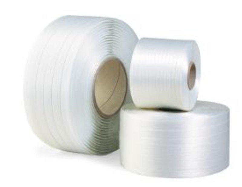 Polyesterband, fadenverstärkt, 16mm breitx850lfm, weiß, Reißfestigkeit 450kp, Kerndurchm. 76mm