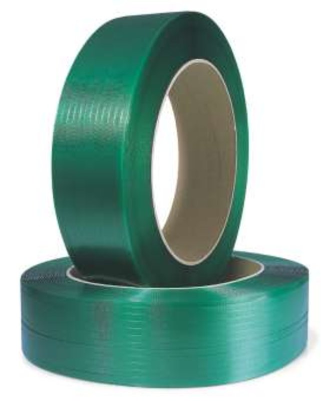 Polyesterband, geprägt, 12mm breitx2500lfm, grün 0,7mm Stärke, Kern 406mm Reißfestigkeit 353kp