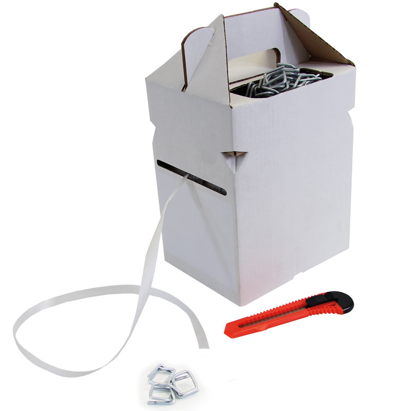 Polyesterband Dispenser Box, 13mm breitx250lfm, weiß 0,5mm stark, inklusive 100 Metallklammern und Messer