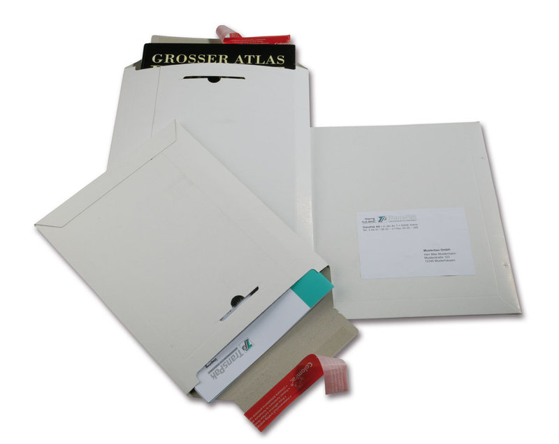 Vollpapp-Versandtasche, 215x270mm, B5, 500 g/qm weiß, SK-Verschluss und Aufreißhilfe