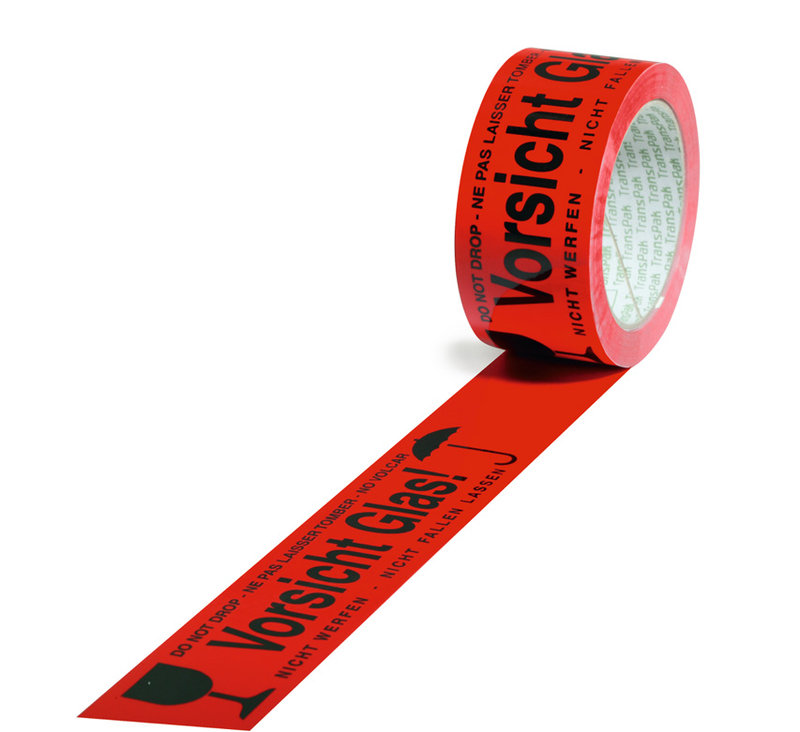 Warn-Klebebänder, 50mm breitx66lfm, 52µ rot, Aufdruck Vorsicht Glas
