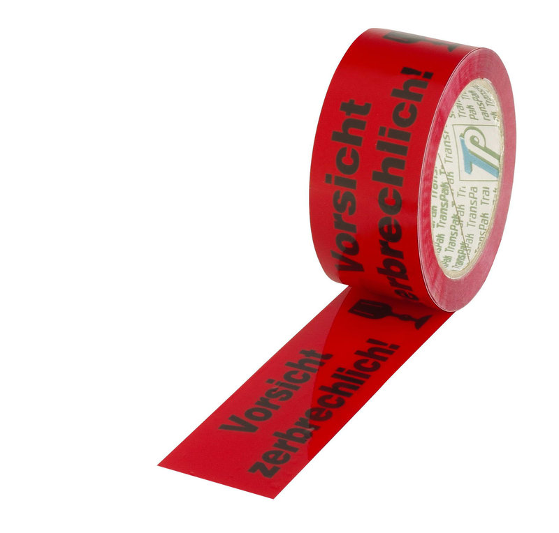 Warn-Klebebänder, 50mm breitx66lfm, 52µ rot, Aufdruck Zerbrechlich