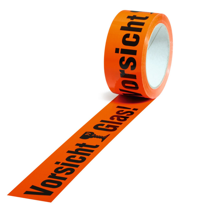 Warn-Klebebänder, 50mm breitx66lfm, 52µ Aufdruck Vorsicht Glas leuchtorange