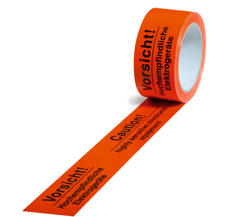 Warn-Klebebänder, 50mm breitx66lfm Aufdruck: Empfindliche Geräte leuchtorange