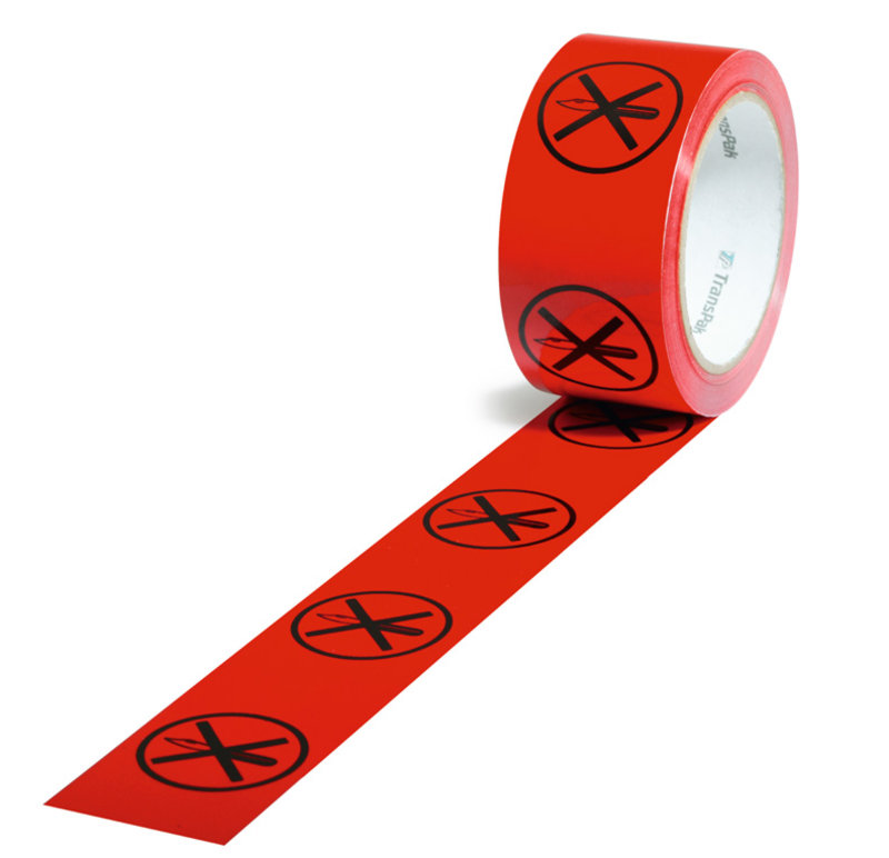 Warn-Klebebänder, 50mm breitx66lfm, 52µ rot, Aufdruck Messersymbol