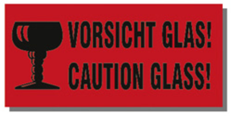 Warnetiketten, rot, 145x70mm, aus Papier mit Aufdruck 2-sprachig Caution Glass