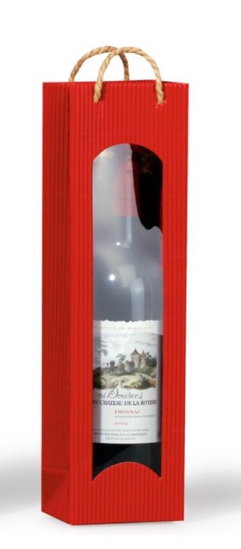 Flaschen-Tragetasche Focus, 100x80x360mm bordeaux, mit Folienfenster passend für 1 Flasche