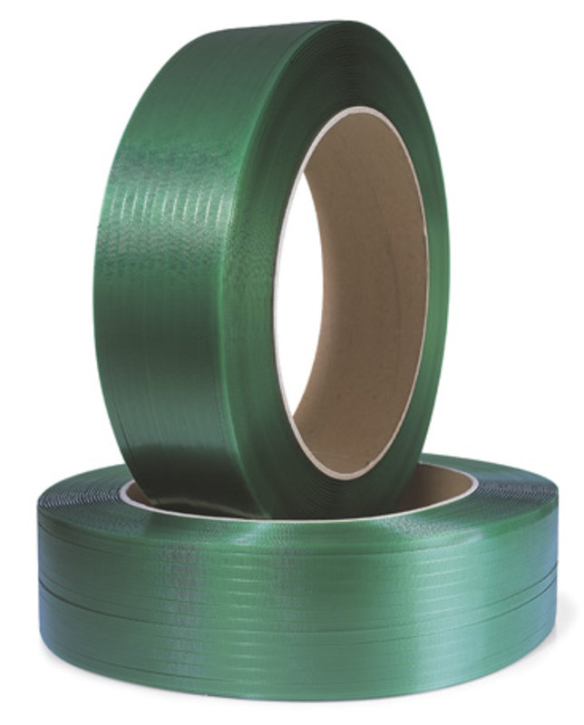 Polyesterband, geprägt, 12mm breitx3000lfm, grün 0,5mm Stärke, Kern 406mm Reißfestigkeit 227kp Polyesterband, geprägt, 12mm breitx3000lfm, grün 0,5mm Stärke, Kern 406mm Reißfestigkeit 227kp