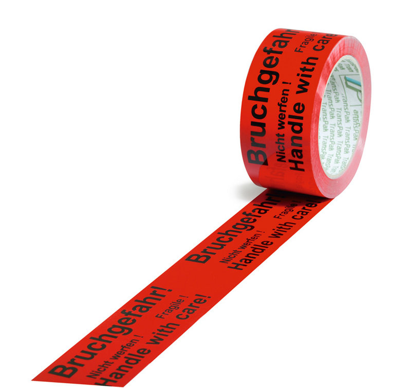 Warn-Klebebänder, 50mm breitx66lfm, 52µ rot, Aufdruck Bruchgefahr Warn-Klebebänder, 50mm breitx66lfm, 52µ rot, Aufdruck Bruchgefahr