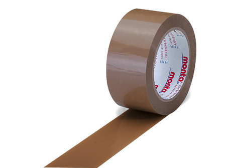 PVC-Packband, stark, 50mm breitx66lfm, 65µ, braun, leise, monta 124, Naturkautschukkleber