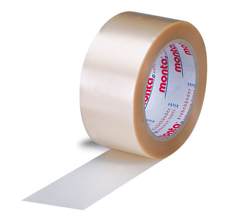 PVC-Packband, stark, 50mm breitx66lfm, 65µ, transparent, leise, monta 124, Naturkautschukkleber