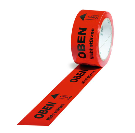 Warn-Klebebänder, 50mm breitx66lfm, 52µ rot, Aufdruck Oben